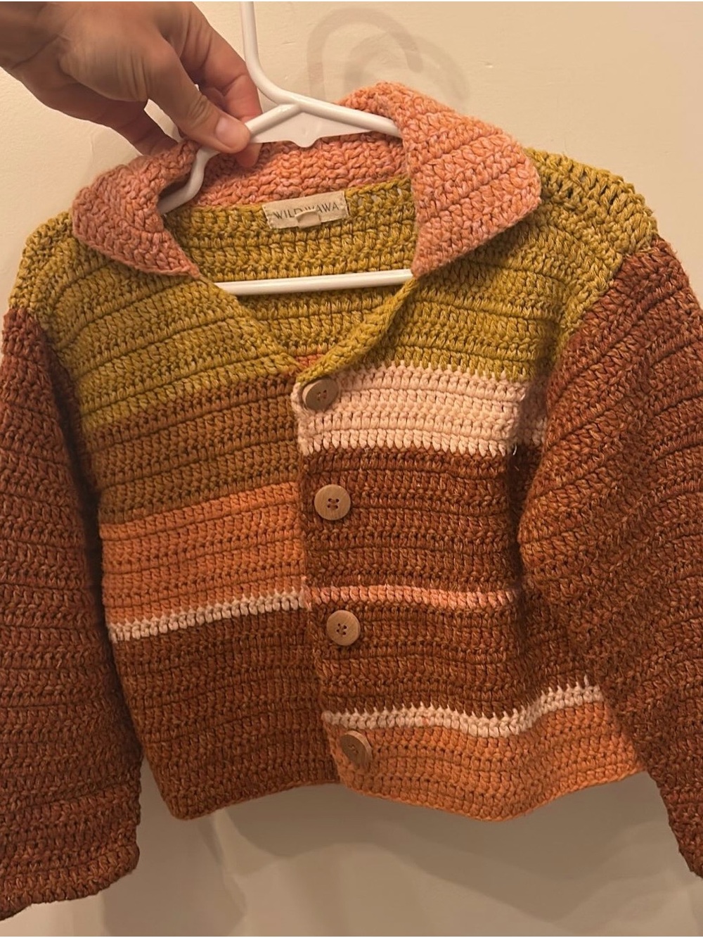 Wild Wawa Crocheted Striped Button Cardigan in Warm Autumn Tones